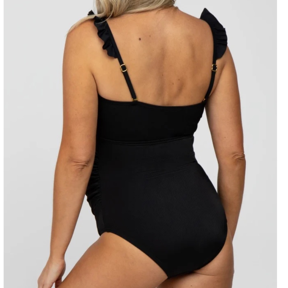Pinkblush Black Ribbed Square Neck Ruffle Strap One Piece Maternity Swimsuit - Picture 3 of 6